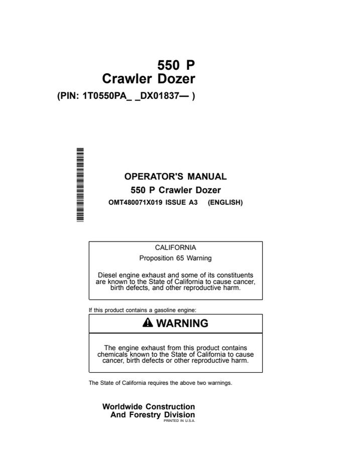 John Deere 550 P Crawler dozer Operator manual OMT480071X019 — actual manual cover