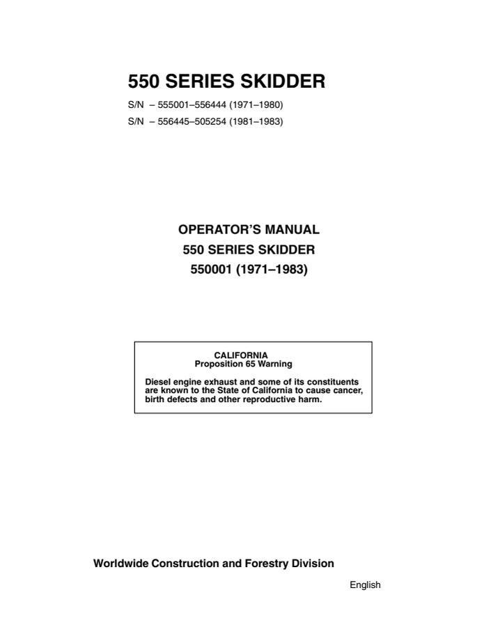 John Deere 550 Series Skidder Operator Manual 550001 — actual manual cover