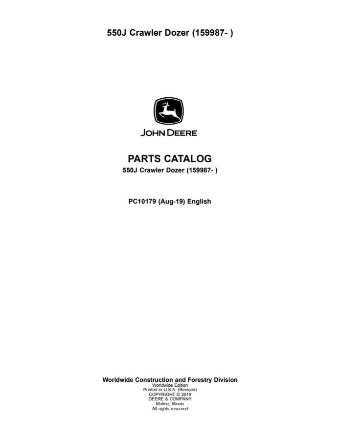 John Deere 550J Crawler Dozer Parts Catalog — actual manual cover