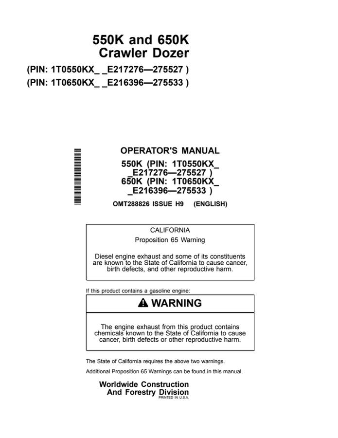 John Deere 550K; 650K Crawler dozer Operator manual OMT288826 — actual manual cover