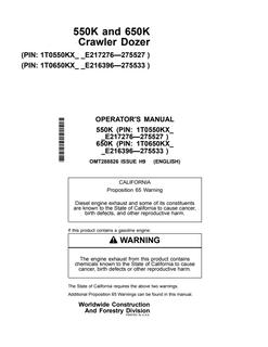 John Deere 550K; 650K Crawler dozer Operator manual OMT288826 — actual manual cover