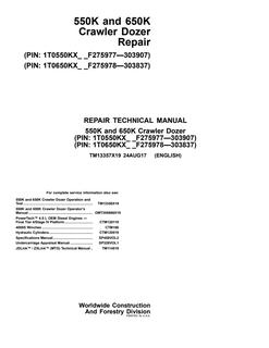 John Deere 550K, 650K Crawler Dozer Repair Technical Manual TM13357X19 — actual manual cover