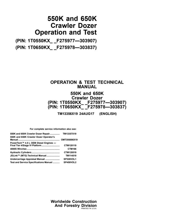 John Deere 550K and 650K Crawler Dozer Operation and Test Technical Manual (TM13356X19) — actual manual cover