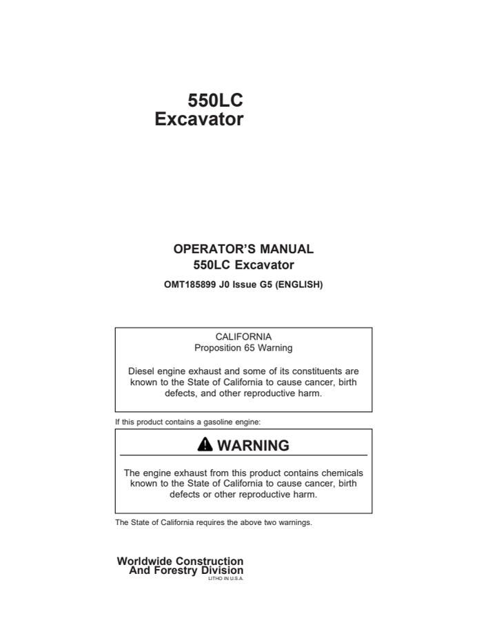 John Deere 550LC Excavator Operator manual OMT185899 — actual manual cover