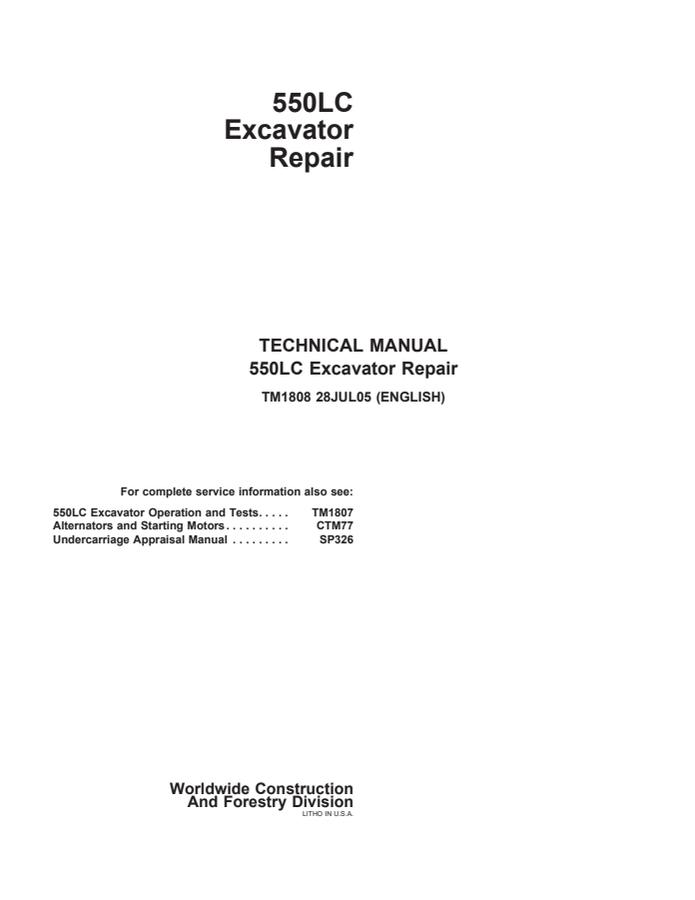 John Deere 550LC Excavator Repair Technical Manual TM1808 — actual manual cover