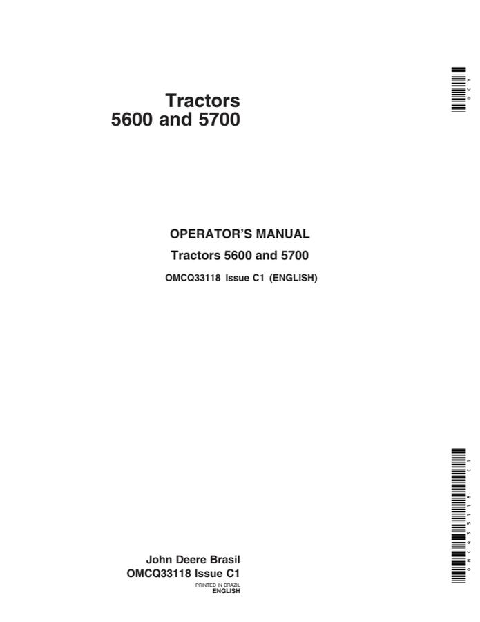 John Deere 5600; 5700 Tractor Operator manual OMCQ33118 — actual manual cover