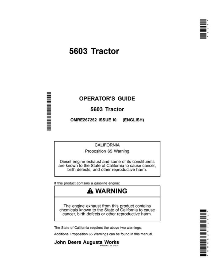 John Deere 5603 Tractor Operator guide OMRE267252 — actual manual cover