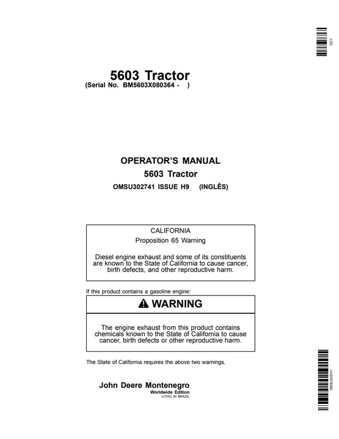 John Deere 5603 Tractor Operator manual OMSU302741 — actual manual cover