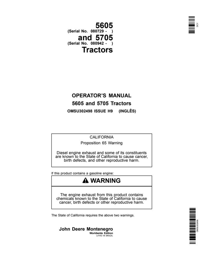 John Deere 5605; 5705 Tractor Operator manual OMSU302498 — actual manual cover