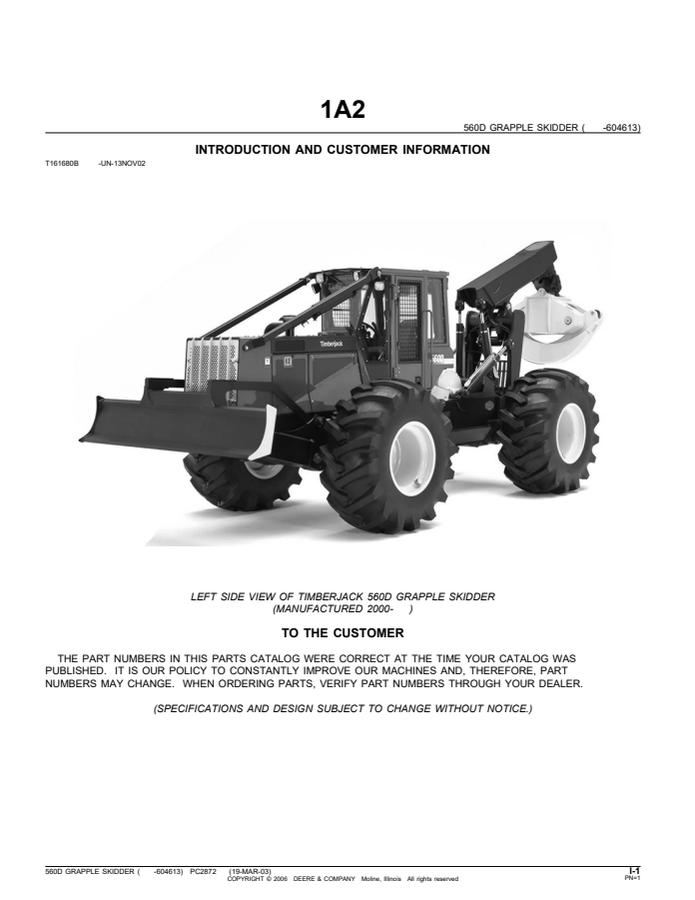 John Deere 560D Grapple skidder Parts catalog PC2872 — actual manual cover