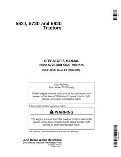 John Deere 5620; 5720; 5820 Tractor Operator manual OMLG100524 — actual manual cover