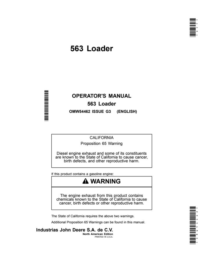 John Deere 563 Loader Operator manual OMW54462 — actual manual cover