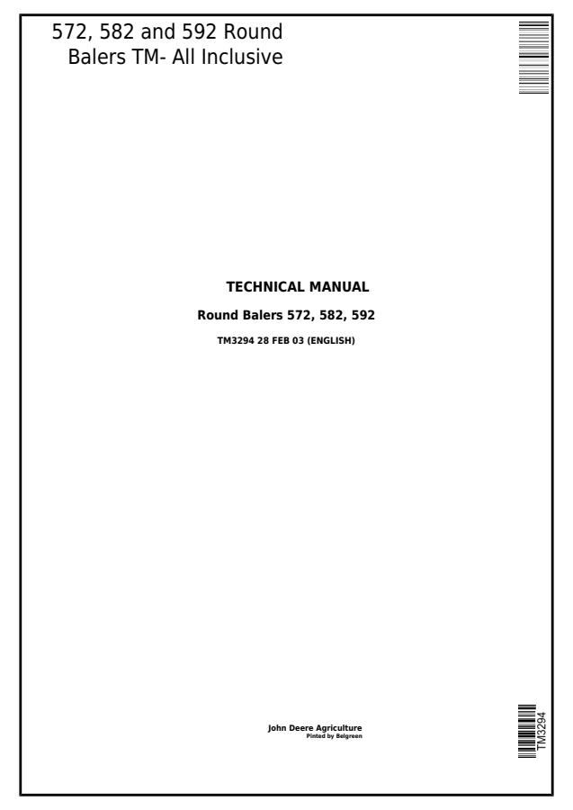 John Deere 572, 582, 592 Round Balers Technical Manual TM3294 — actual manual cover