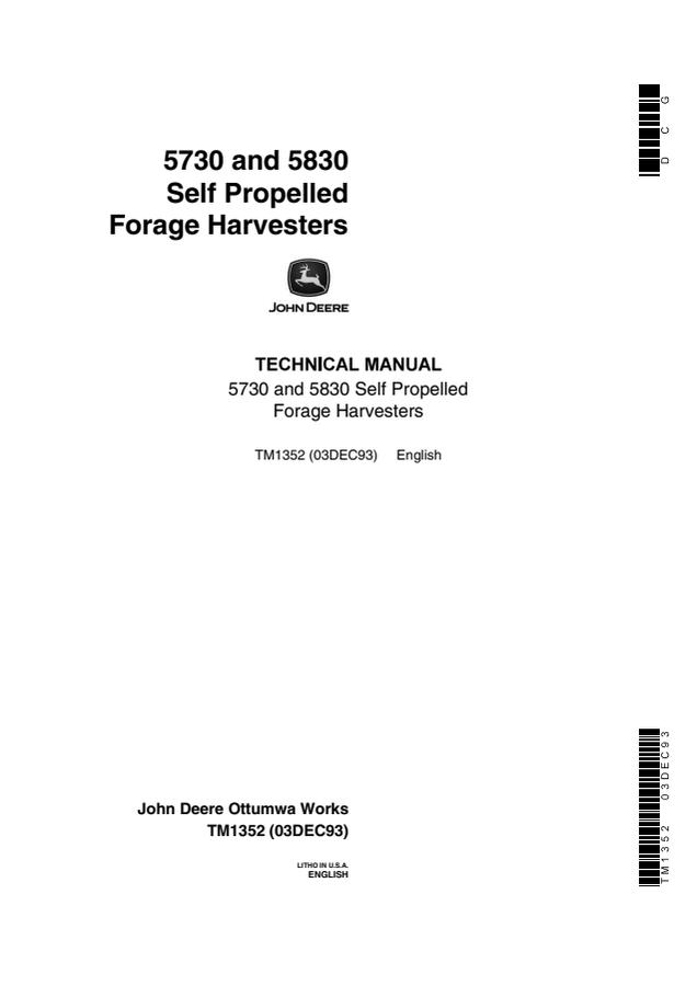John Deere 5730, 5830 Self-propelled forage harvester Technical manual TM1352 — actual manual cover