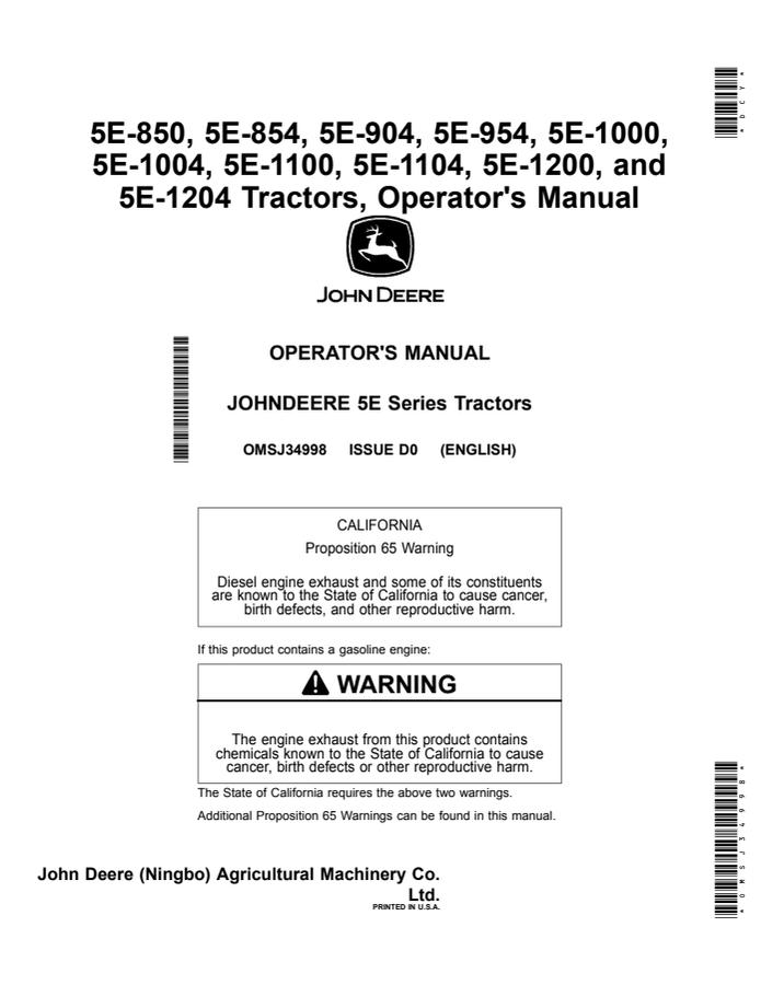 John Deere 5E-850, 5E-854, 5E-904, 5E-954, 5E-1000, 5E-1004, 5E-1100, 5E-1104, 5E-1200, 5E-1204 Tractor Operator's manual OMSJ34998 — actual manual cover