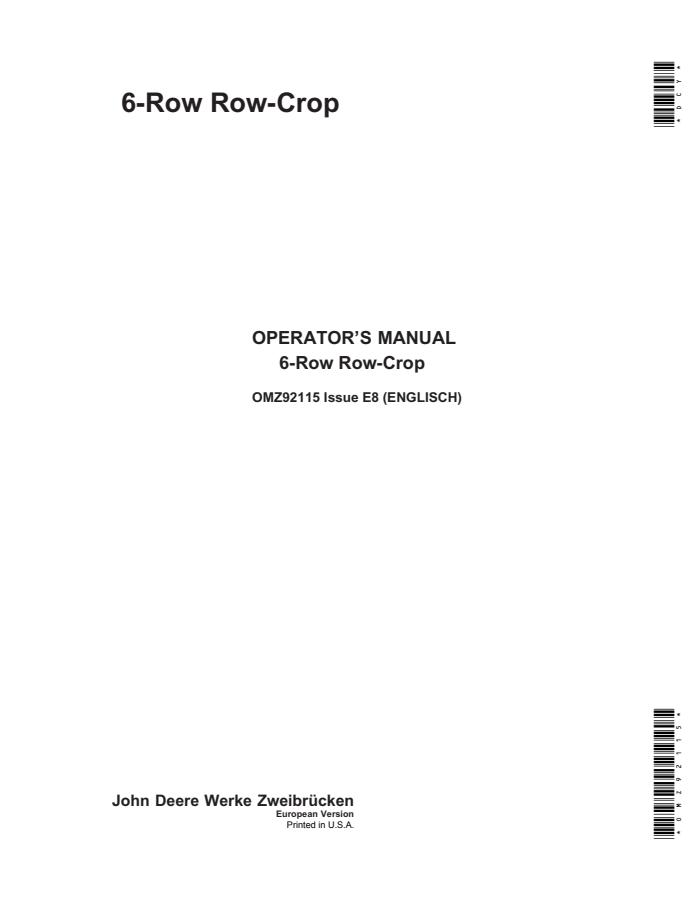 John Deere 6-Row Row-Crop Row-crop implement Operator manual OMZ92115 — actual manual cover