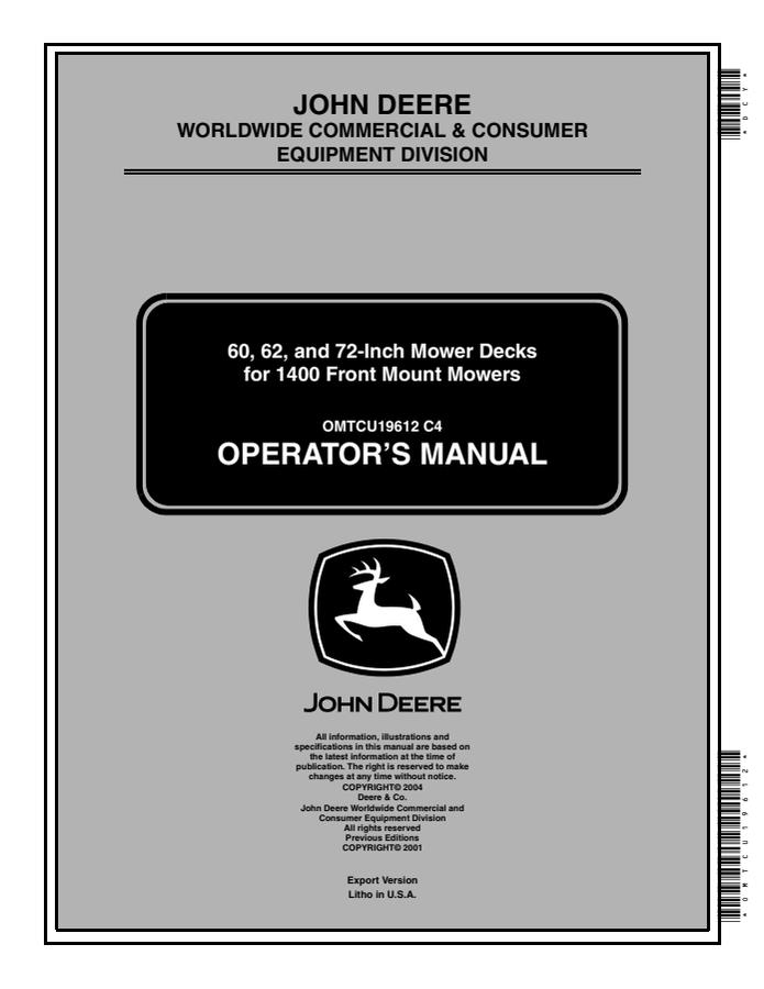 John Deere 60; 62; 72-inch mower decks for 1400 Front Mount Mowers Mower deck Operator manual OMTCU19612 — actual manual cover