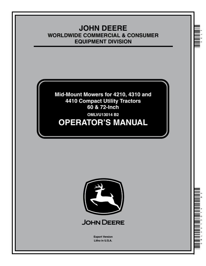 John Deere 60/72-inch Mid-mount mower Operator manual OMLVU13014 — actual manual cover