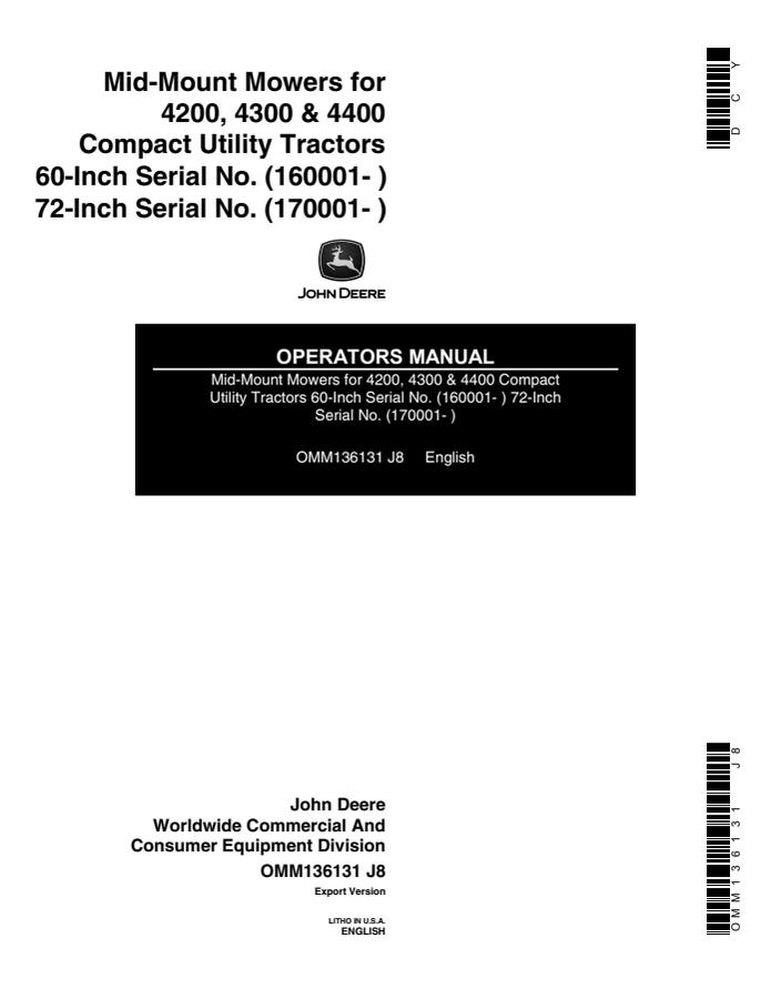 John Deere 60/72-inch Mid-mount mower Operator manual OMM136131 — actual manual cover