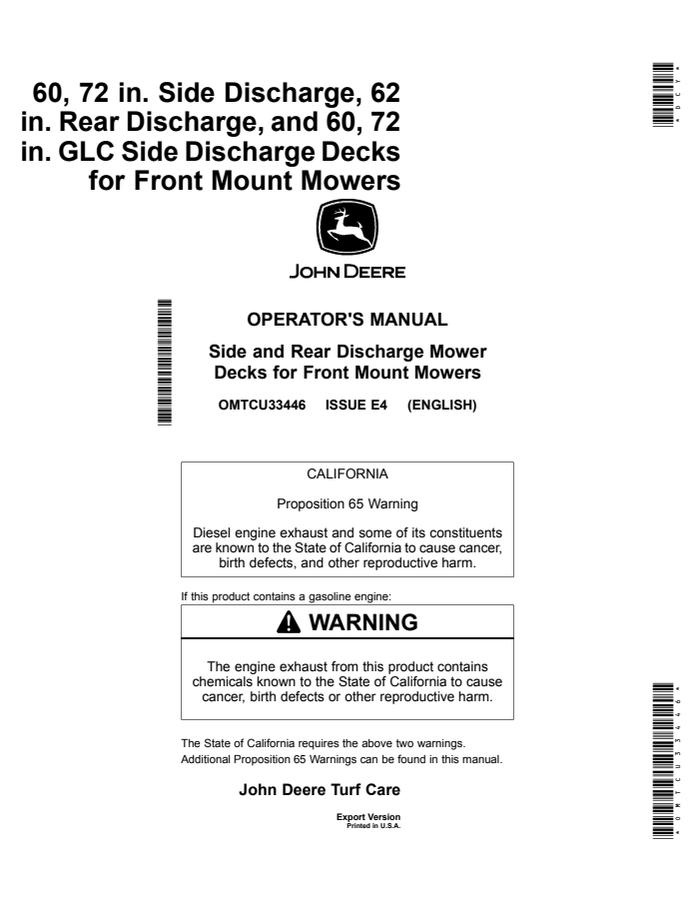 John Deere 60/72-inch side discharge; 62-inch rear discharge; 60/72-inch GLC side discharge decks Mower deck Operator manual OMTCU33446 — actual manual cover