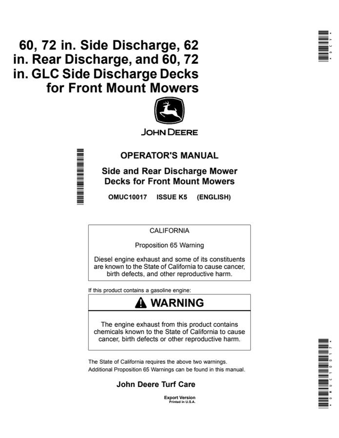 John Deere 60/72-inch side discharge; 62-inch rear discharge; 60/72-inch GLC side discharge decks Mower deck Operator manual OMUC10017 — actual manual cover