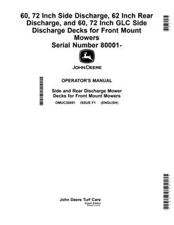 John Deere 60/72-inch side discharge; 62-inch rear discharge; 60/72-inch GLC side discharge Mower deck Operator manual OMUC30851 — actual manual cover