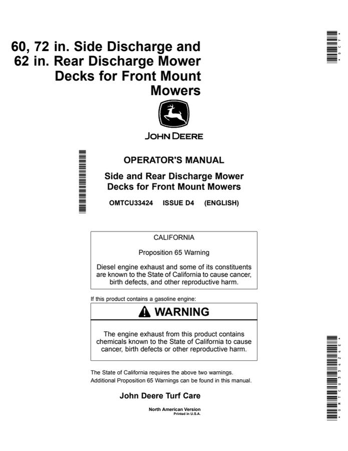 John Deere 60/72-inch side discharge; 62-inch rear discharge decks for Front Mount Mowers Mower deck Operator manual OMTCU33424 — actual manual cover