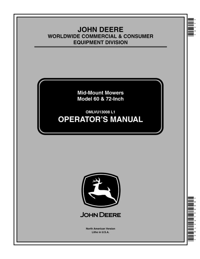 John Deere 60-inch and 72-inch mower decks Mid-mount mower deck Operator manual OMLVU13008 — actual manual cover