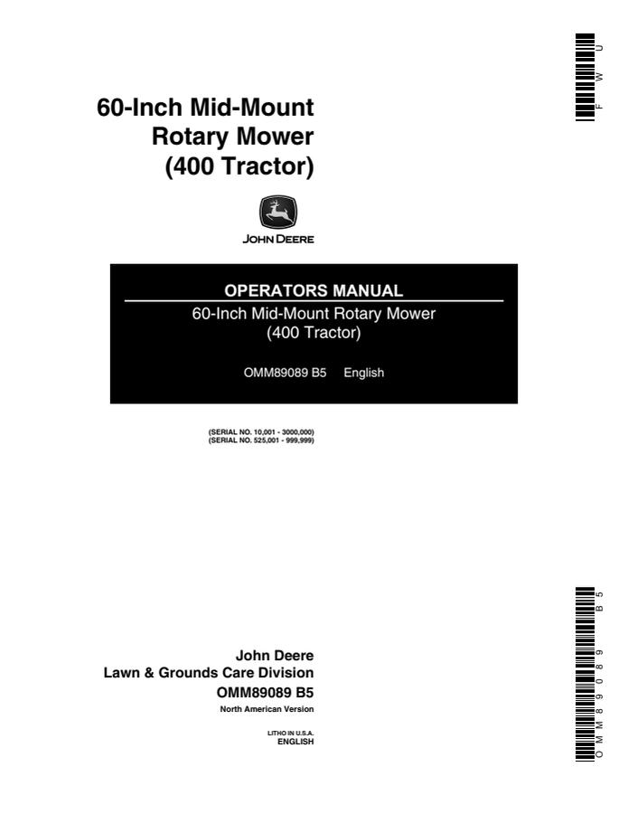 John Deere 60-inch Mid-Mount Rotary Mower for 400 Tractor Mower Operator manual OMM89089 — actual manual cover