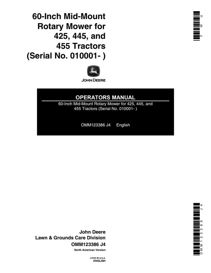 John Deere 60-inch Mid-Mount Rotary Mower for 425; 445; 455 Tractors Mower Operator manual OMM123386 — actual manual cover