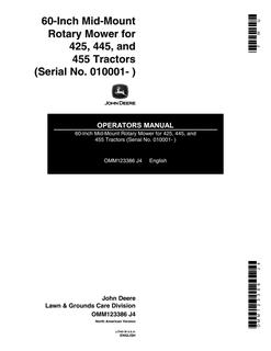John Deere 60-inch Mid-Mount Rotary Mower for 425; 445; 455 Tractors Mower Operator manual OMM123386 — actual manual cover