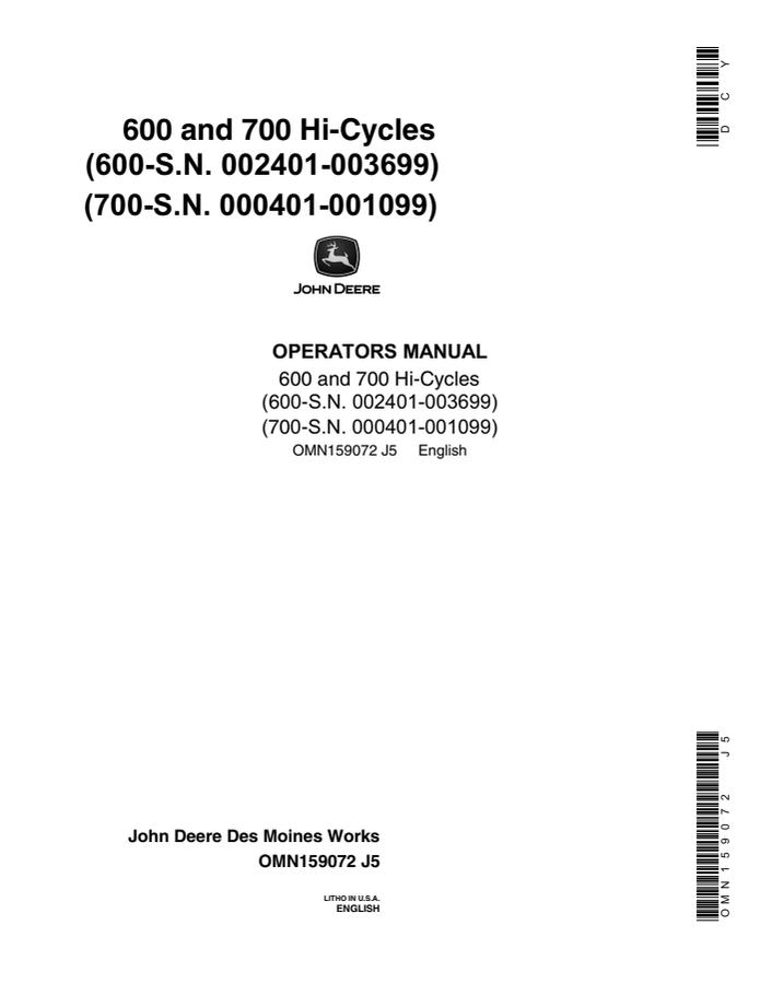John Deere 600; 700 Hi-Cycles Sprayer Operator manual OMN159072 — actual manual cover