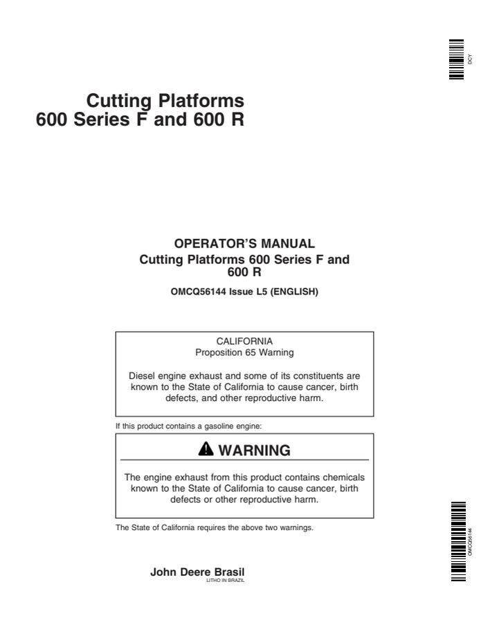 John Deere 600 Series F; 600 R Cutting platform Operator manual OMCQ56144 — actual manual cover