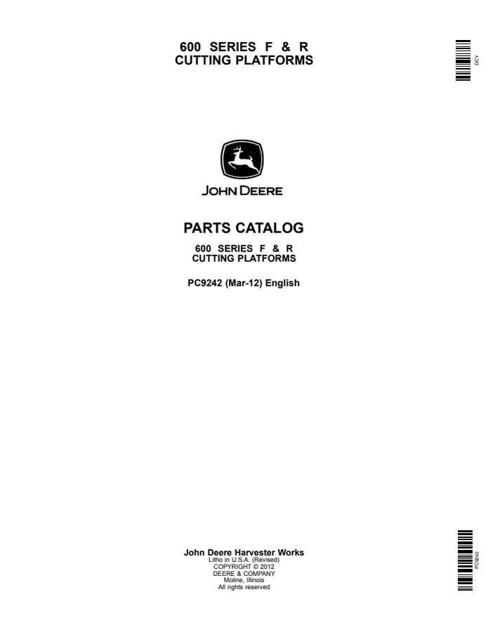John Deere 600 Series F and R cutting platforms Cutting platform Parts catalog PC9242 — actual manual cover