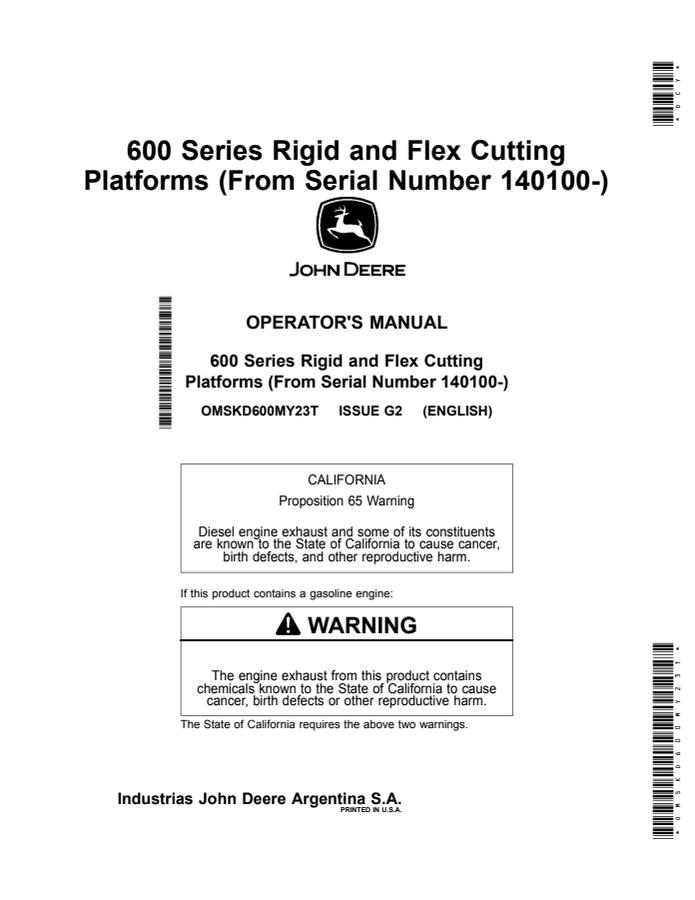 John Deere 600 Series Rigid and Flex Cutting Platforms Cutting platform Operator manual OMSKD600MY23T — actual manual cover