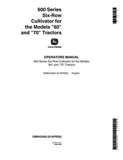 John Deere 600 Series Six-Row Cultivator; for Models 60 and 70 Tractors Cultivator Operator manual OMN43456 — actual manual cover