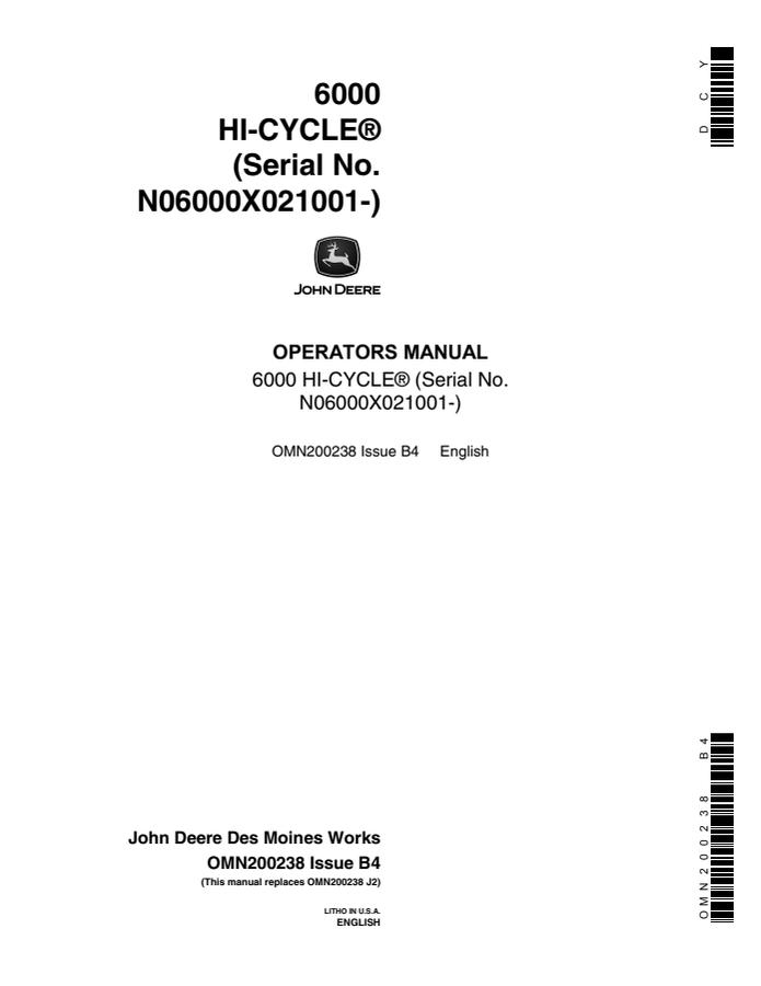 John Deere 6000 Hi-Cycle Sprayer Operator manual OMN200238 — actual manual cover