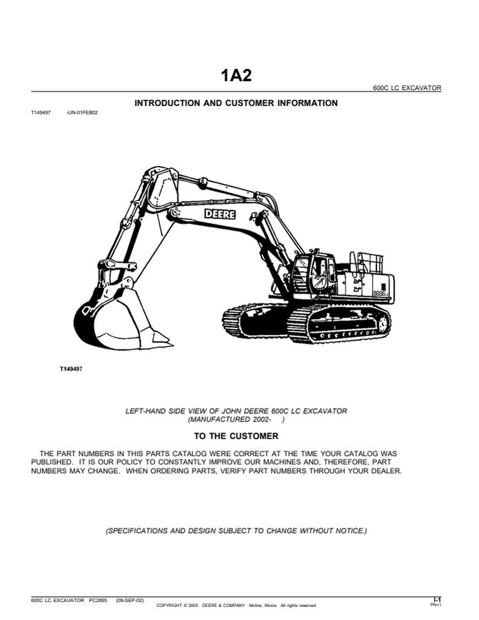 John Deere 600C LC, manufactured 2002 and later Excavator Parts catalog PC2895 — actual manual cover