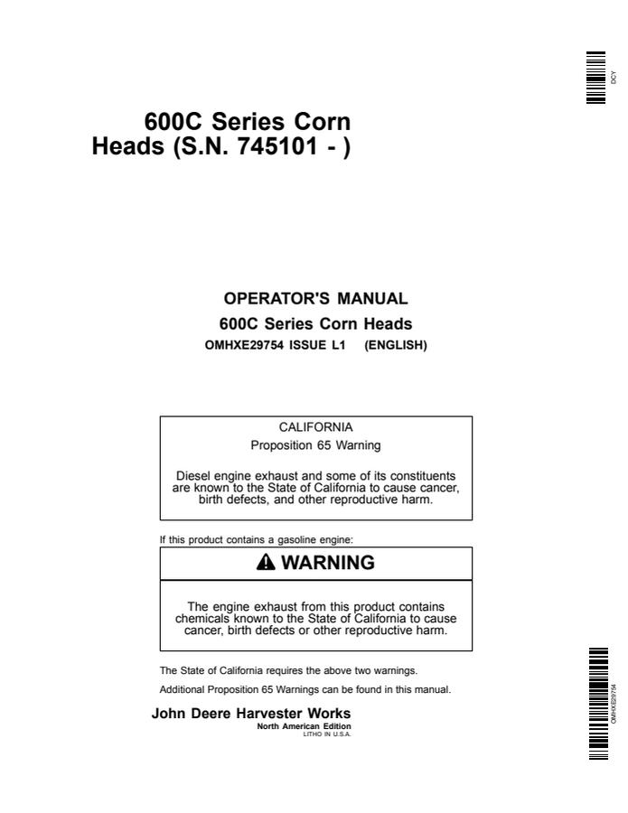 John Deere 600C Series Corn head Operator manual OMHXE29754 — actual manual cover