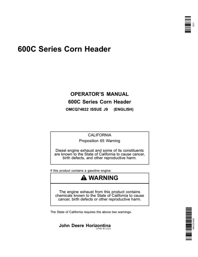 John Deere 600C Series Corn header Operator manual OMCQ74822 — actual manual cover
