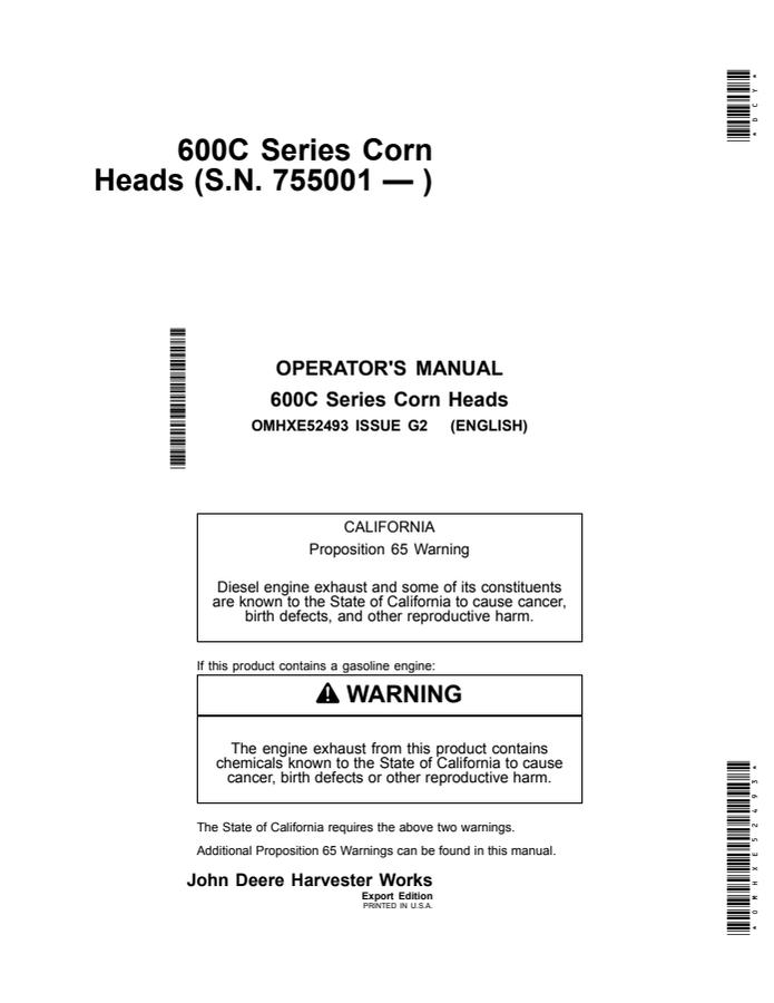 John Deere 600C Series Corn Heads Operator's Manual — actual manual cover