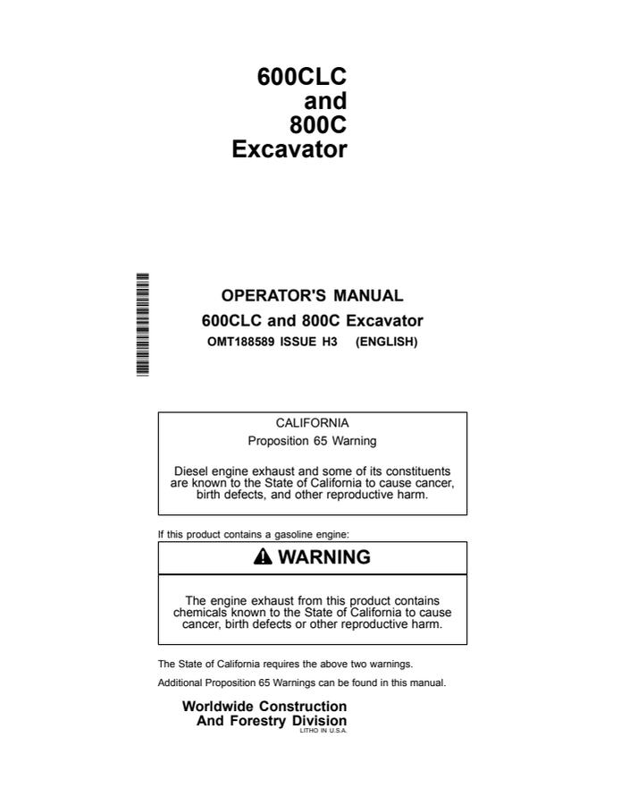 John Deere 600CLC; 800C Excavator Operator manual OMT188589 — actual manual cover
