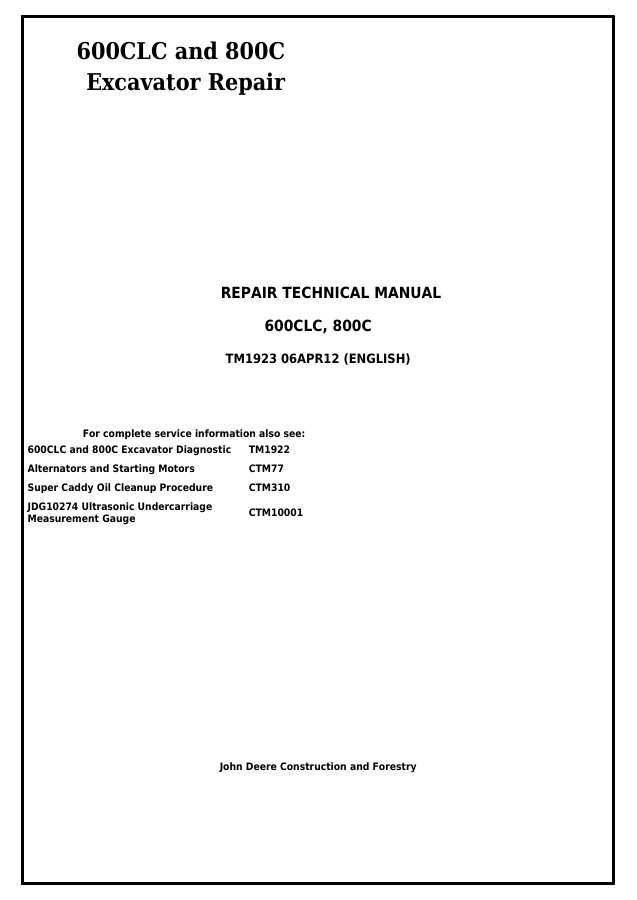 John Deere 600CLC, 800C Excavator Repair Technical Manual TM1923 — actual manual cover