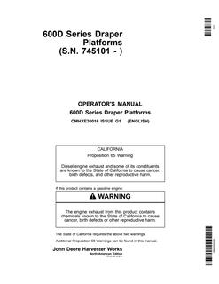 John Deere 600D Series Draper Platforms Draper platform Operator manual OMHXE30016 — actual manual cover