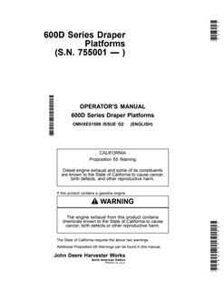 John Deere 600D Series Draper Platforms Draper platform Operator manual OMHXE51599 — actual manual cover