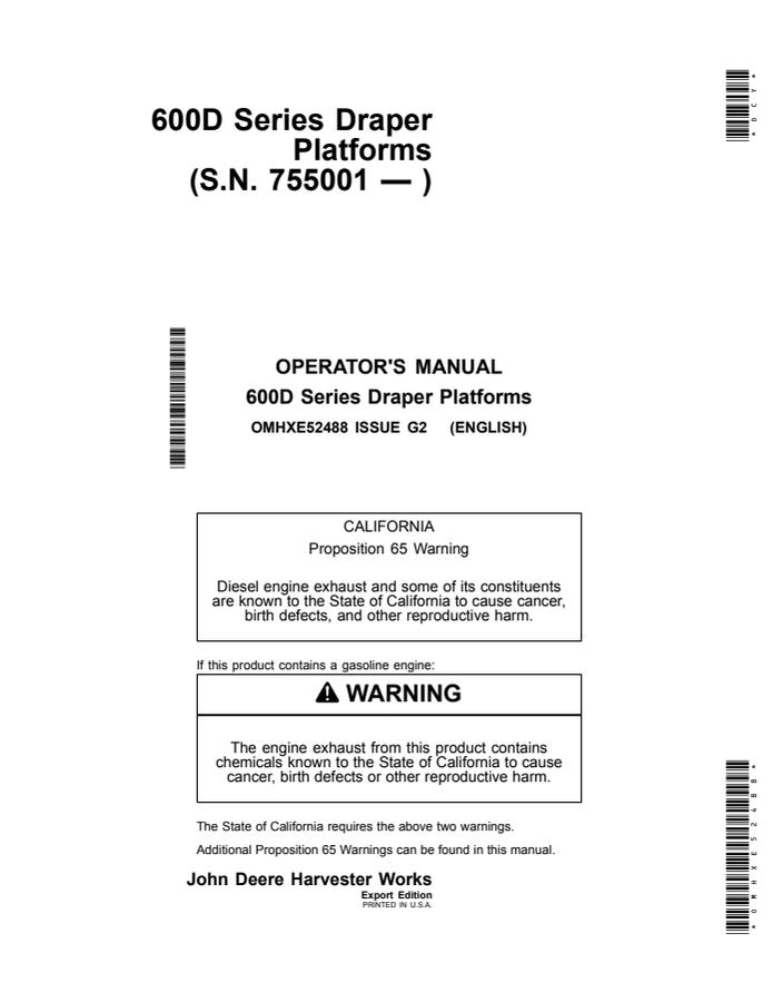John Deere 600D Series Draper Platforms Draper platform Operator manual OMHXE52488 — actual manual cover