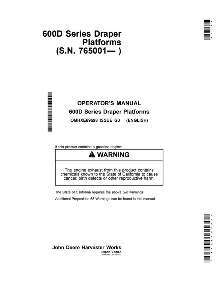 John Deere 600D Series Draper Platforms Draper platform Operator manual OMHXE69598 — actual manual cover