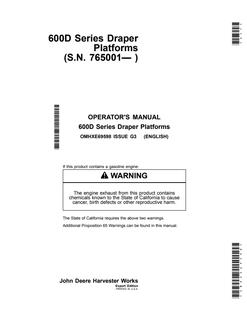 John Deere 600D Series Draper Platforms Draper platform Operator manual OMHXE69598 — actual manual cover