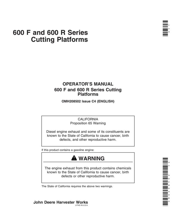 John Deere 600F; 600R Series Cutting platform Operator manual OMH208502 — actual manual cover