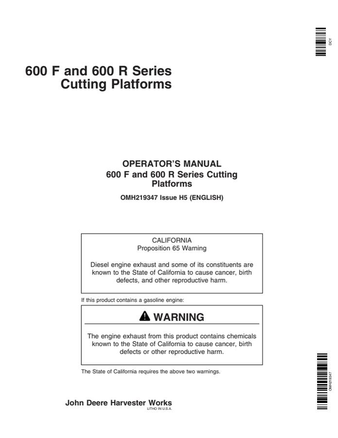 John Deere 600F; 600R Series Cutting platform Operator manual OMH219347 — actual manual cover